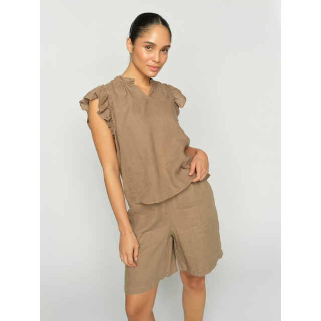 Tea Linen Blouse i Petrified Oak fra Mos Mosh - foran