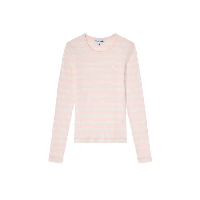 Blød og stribet langærmet t-shirt i bomuldsjersey fra Ganni - chalk pink
